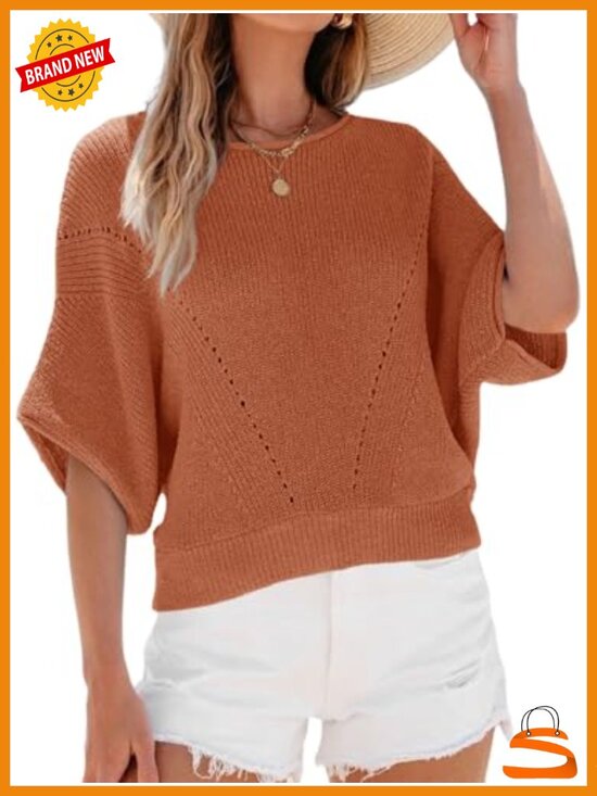 Sweaters - Women's Short Batwing Sleeve Crochet Knit Crew Neck Pullover Sweater Top